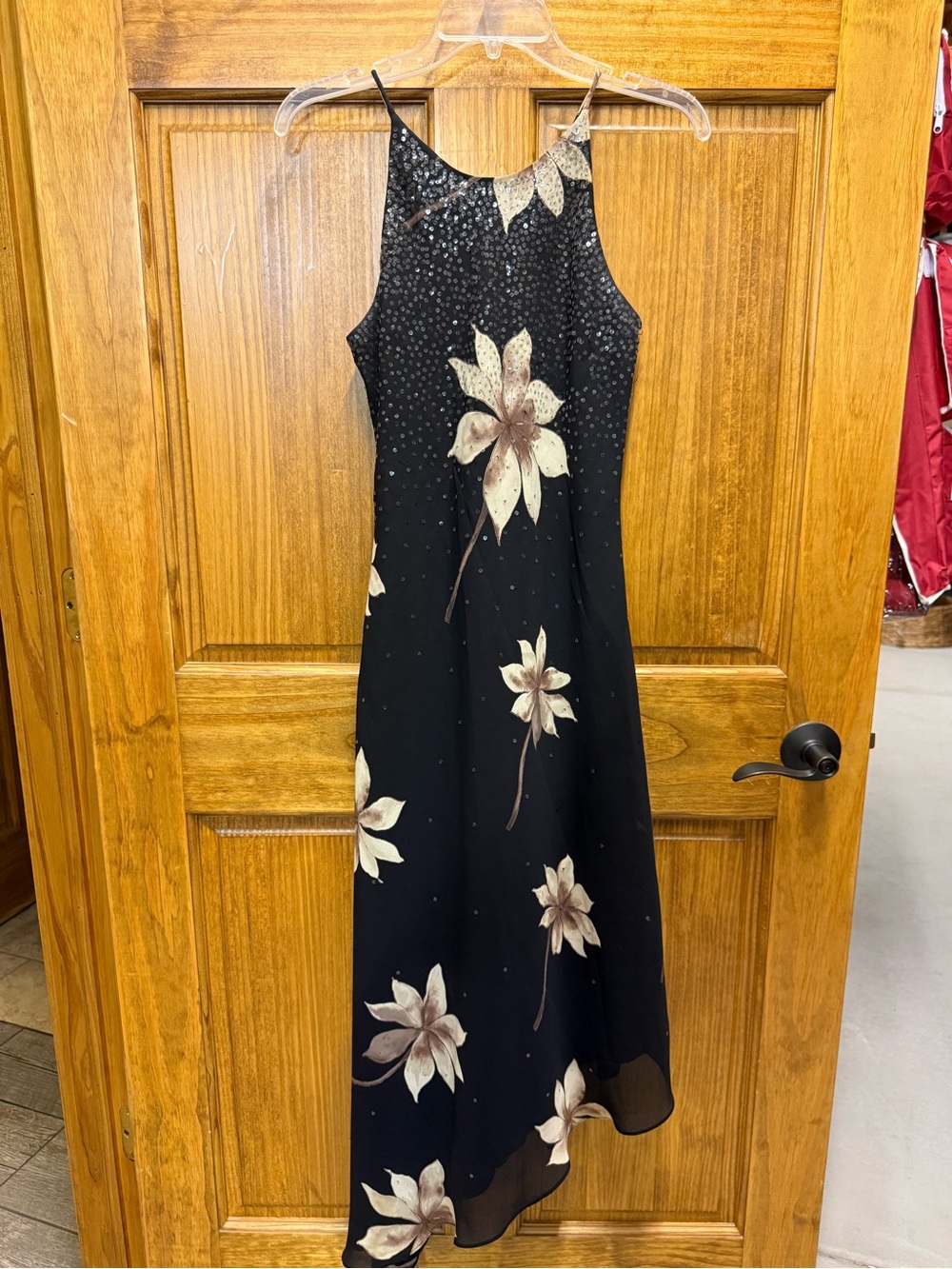 Chelsea Nites 6P Black Floral Sequin High Low Formal Dress